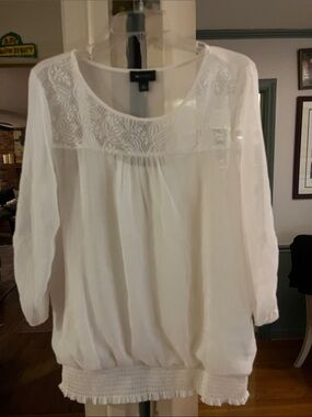 AB Studio White Embroidered Yoke Smocked-Hem Tunic